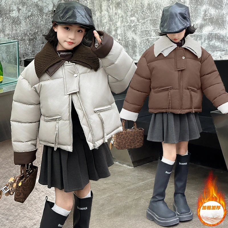 【嘻嘻柚】女童毛线领小羊皮航线棉衣2025新款冬季免洗韩版短款棉服