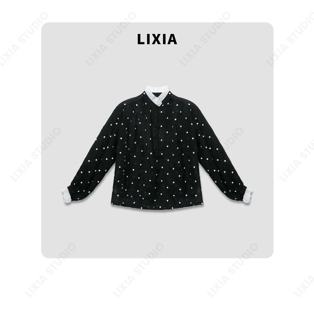 LIXIA【波点时尚】春款纯天丝木耳边设计感波点印花衬衫-6003D