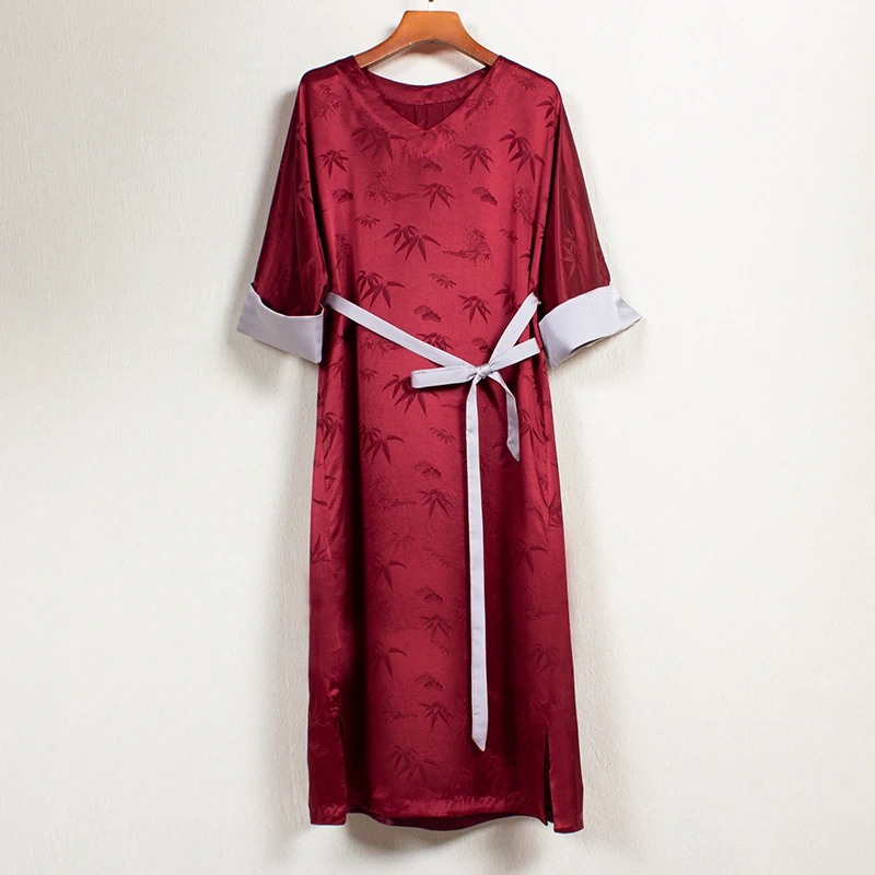 【红颜醉】中式国风桑蚕丝薄款后插肩套头女士V领纯色袍子中长款