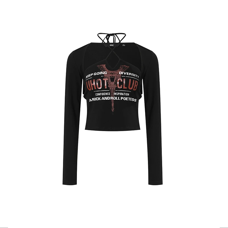 【春上新】Auuuu/uhot长袖短款黑色修身印花上衣 配：吊带UWWS1T374
