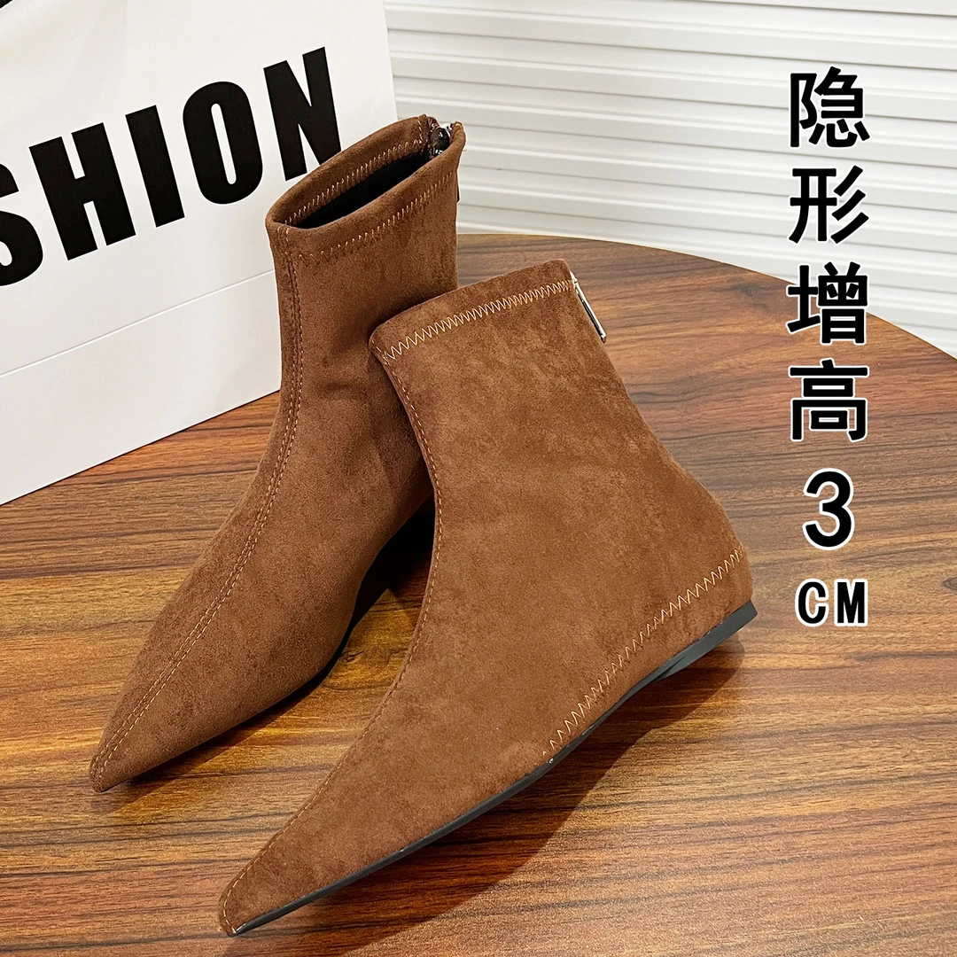 法式复古尖头内增高短靴女2025秋冬绒面平底裸靴棕色弹力瘦瘦袜靴