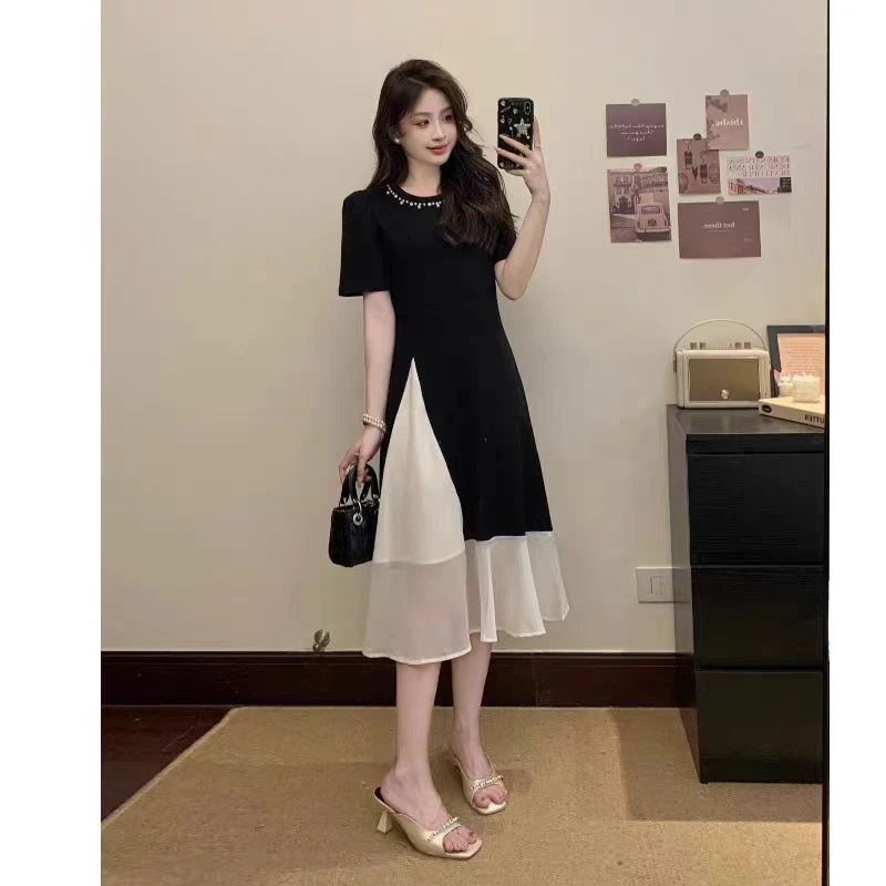 （80-200斤）胖MM法式高级感气质短袖连衣裙夏收腰显瘦别致裙子1850