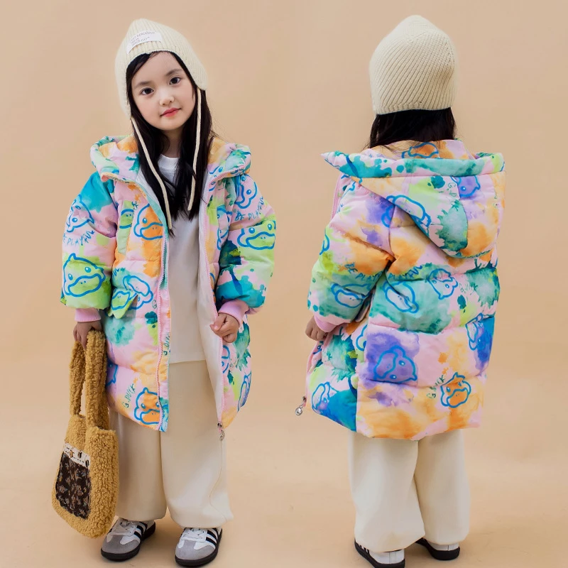 小黄鸭新款白鸭绒儿童羽绒服中长款女童冬装韩版宝宝加厚衣服外套