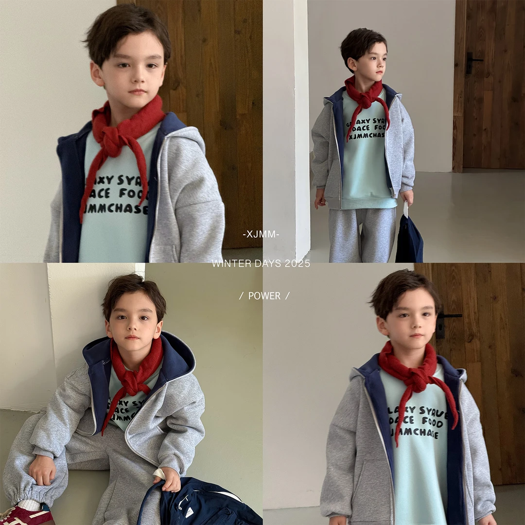 虾酱麻麻男童运动套装秋冬季2025新款男孩连帽上衣加厚儿童休闲裤