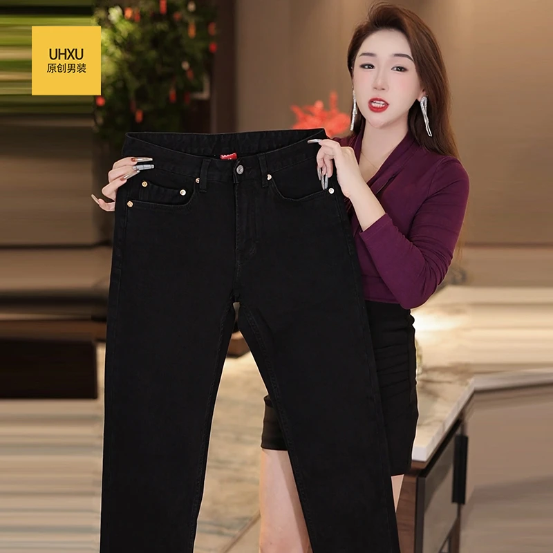 UHXU莱赛尔高端牛仔裤男冬季新款加绒加厚修身显瘦轻奢直筒裤