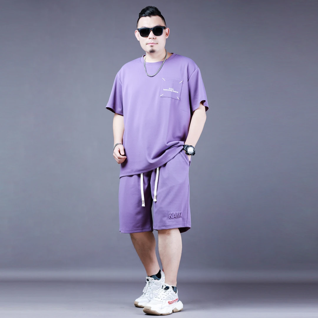 夏季薄款短袖T恤短裤两件套潮胖子大码宽松休闲简约运动套装5分裤