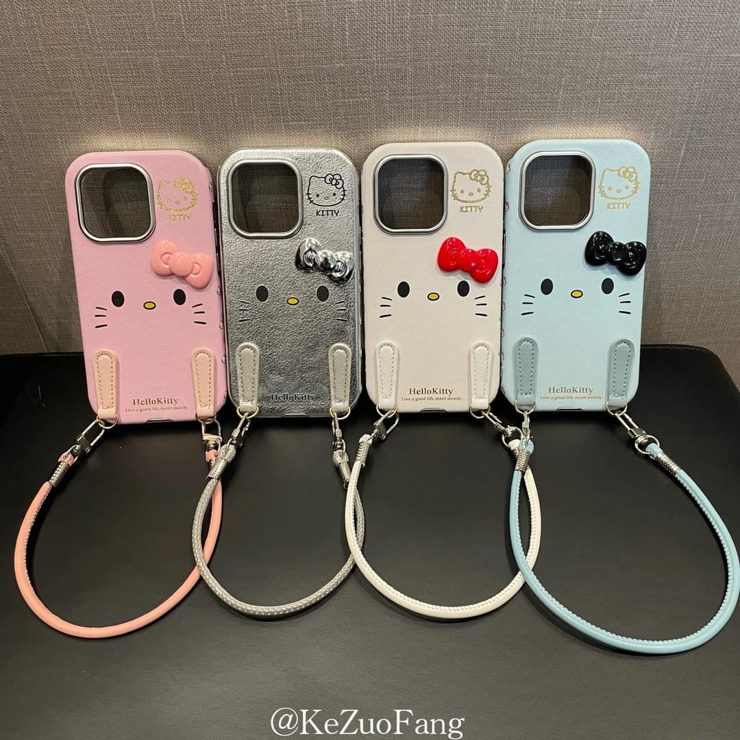 皮纹手拎凯蒂猫苹果16/15/14/13iPhone手机壳蝴蝶结可爱少女心软