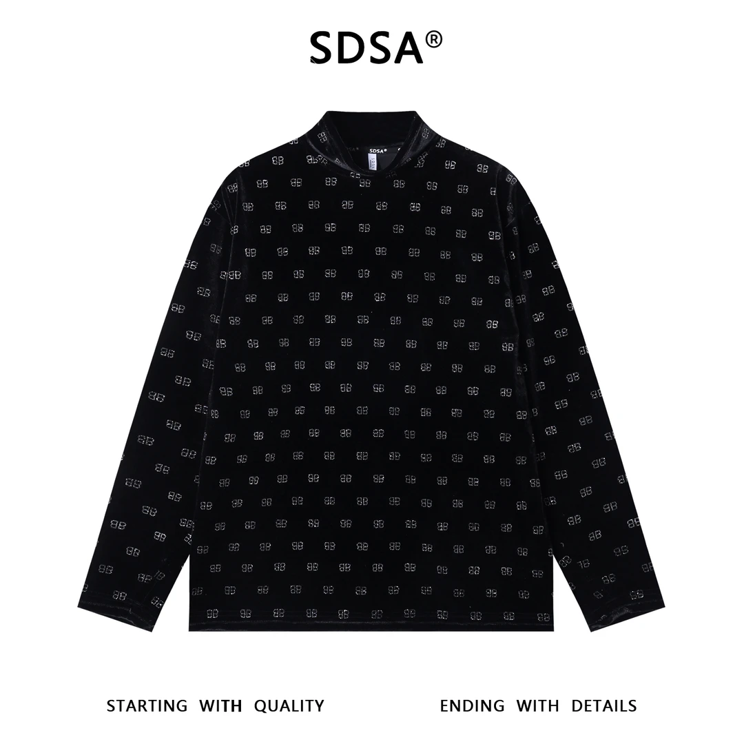 SDSA男士秋冬新款痞帅男装美式撞色满印字母半高领长袖T恤时尚潮