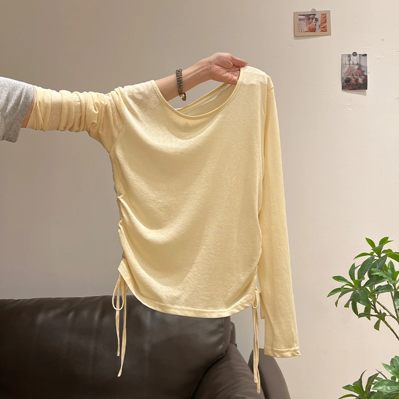 奶黄色防晒罩衫U领蝴蝶结绑带褶皱长袖T恤女夏季微透薄款上衣