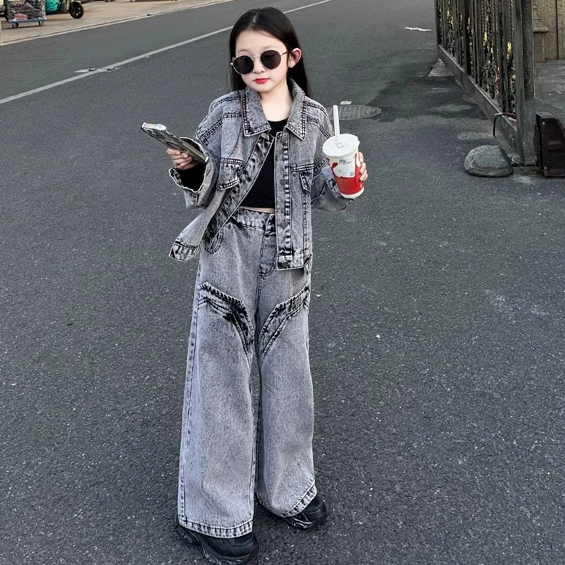 女童潮酷做旧牛仔套装2025新款春季时髦牛仔衫洋气女孩韩版两件套