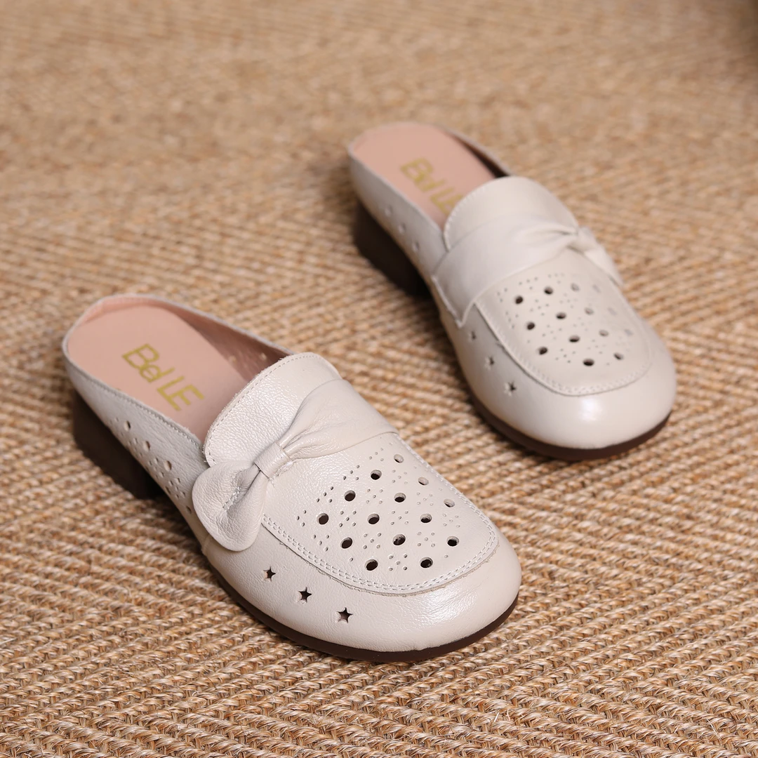 新款百搭真皮复古妈妈鞋透气女鞋软底防滑牛筋底休闲半拖7018