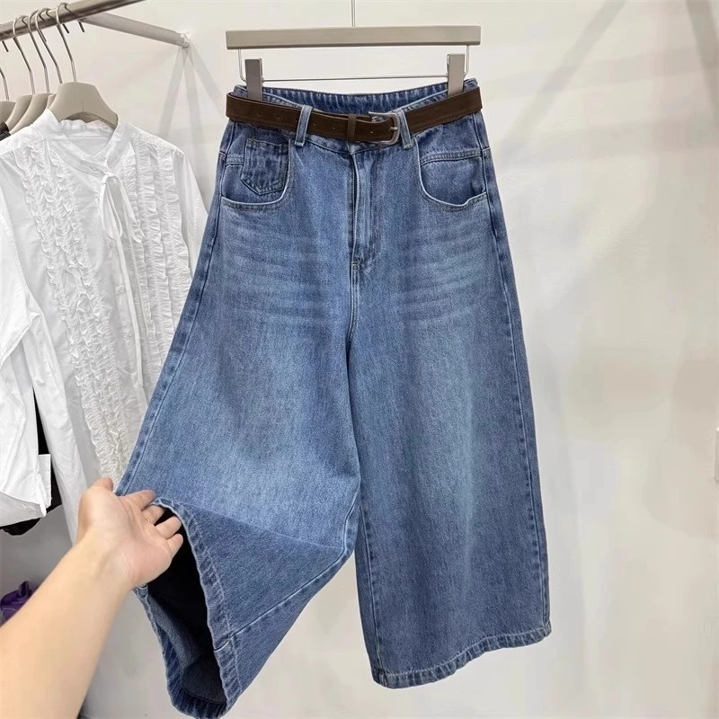 新款大码女装宽松显瘦直筒裤八分裤子高级感复古水洗阔腿牛仔裤女