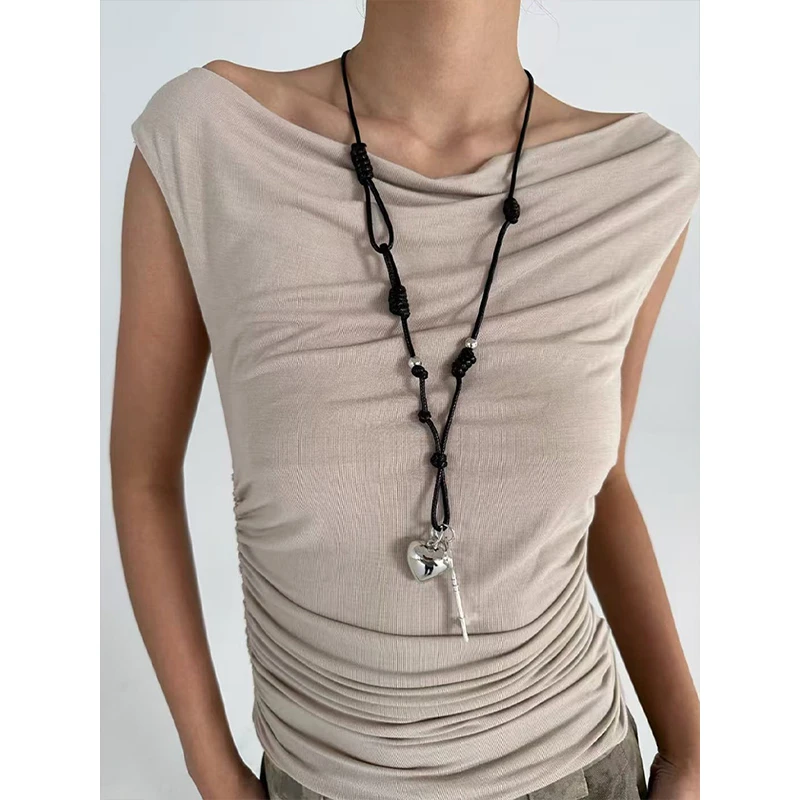 铜合金布艺吊坠 爱心钥匙吊坠ins复古拼接抽拉可调节长项链毛衣链