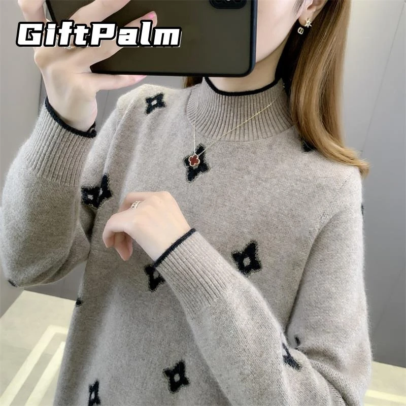GiftPalm冬季半高领女士加绒毛衣新款爆款秋冬外穿宽松针织打底衫