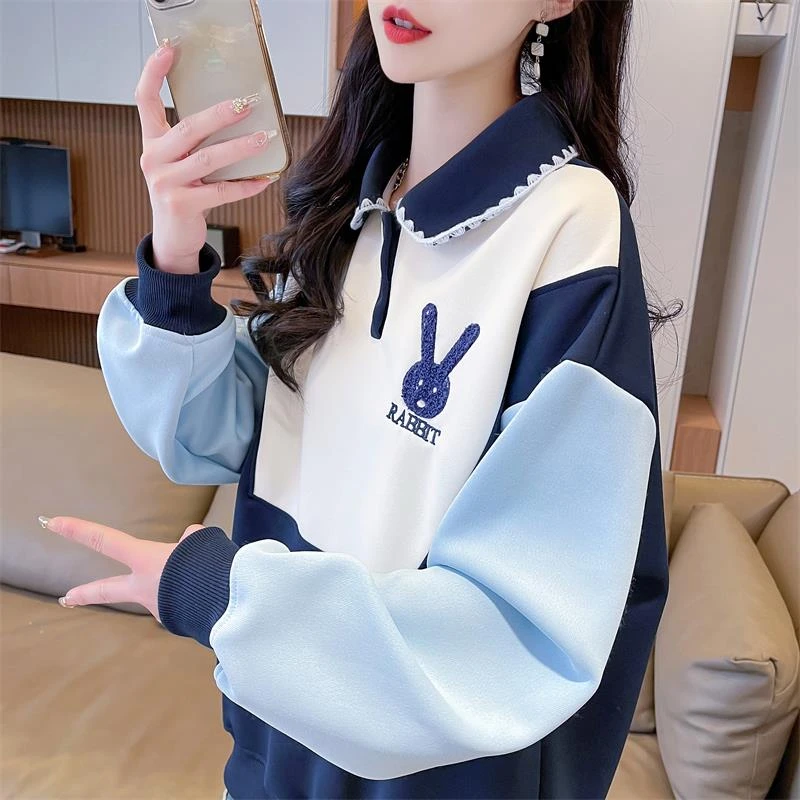 初春撞色卫衣女春秋季2025新款宽松薄款小众设计感polo领上衣外套