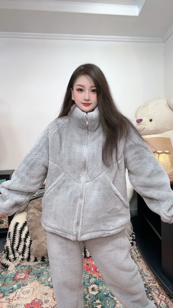 【双层复合绒】睡衣男女加绒加厚外穿拼接立领家居服保暖锁温套装女