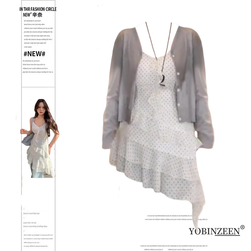 大码度假风波点荷叶边吊带连衣裙女夏季新款胖mm显瘦内搭叠穿套装