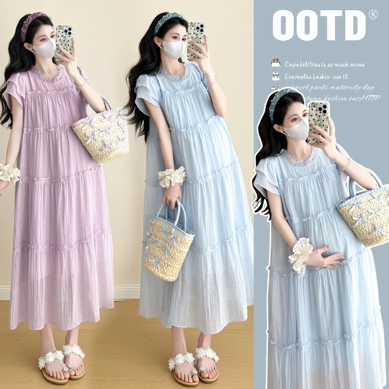 实拍现货 2025夏季孕妇装气质温柔飞飞袖蛋糕裙连衣裙