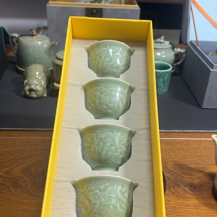 耀州窑青釉百花杯4只