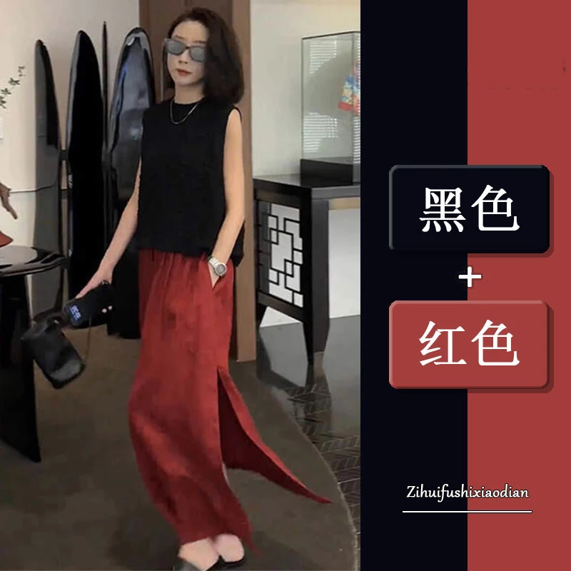 春季套装女装2025新款法式时尚复古无袖背心T恤高腰显瘦半身裙女