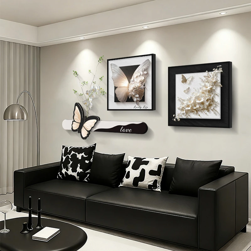 现代简约客厅装饰画高级沙发背景墙壁画黑白抽象绿植组合餐厅挂画