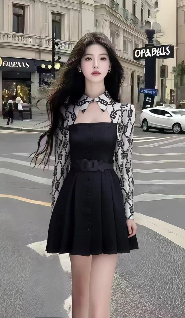 时尚高端大气轻奢休闲通勤风撞色镂空设计长袖收腰氛围感连衣裙女