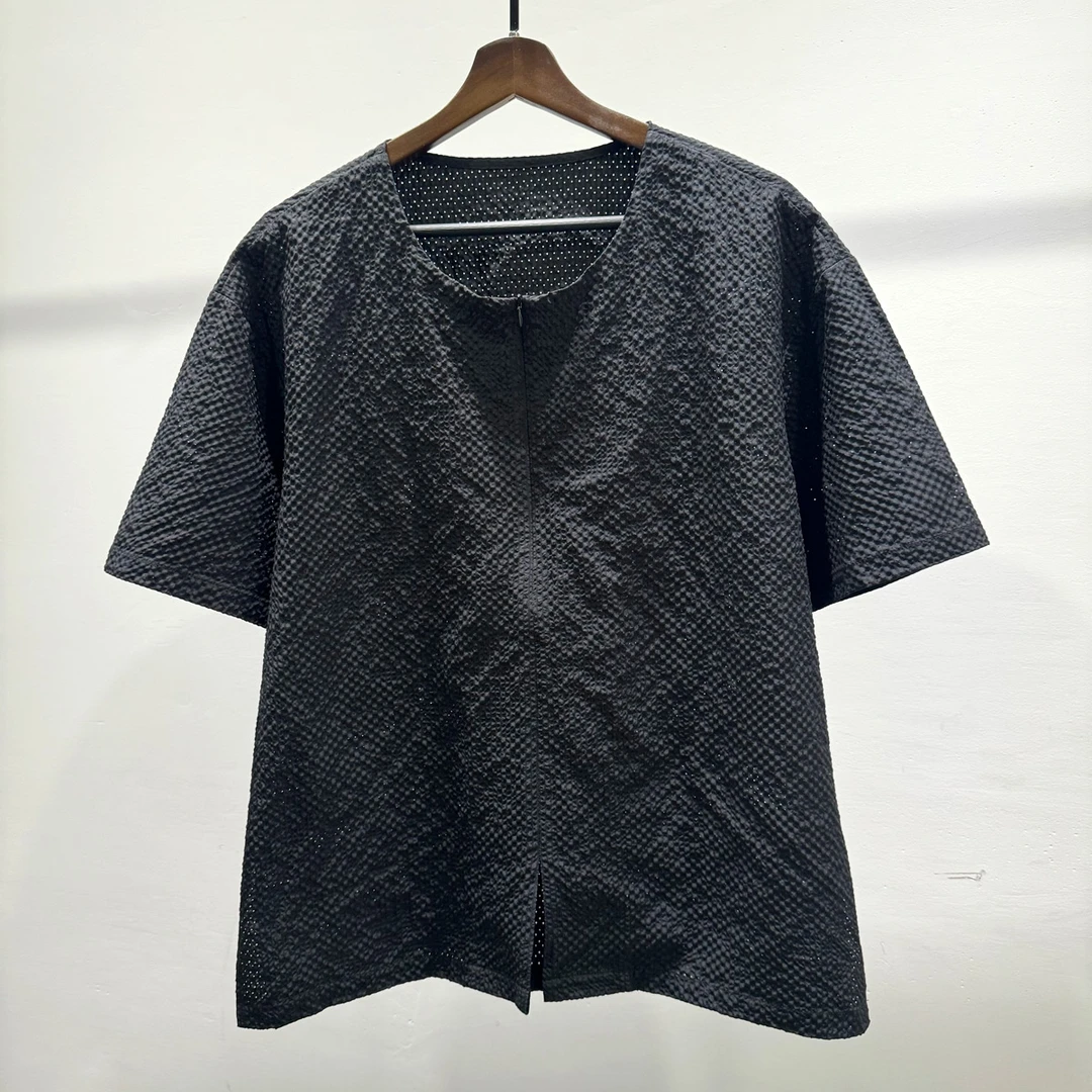 小众个性破洞透气半拉链圆领短袖体恤男士夏季开叉宽松休闲上衣