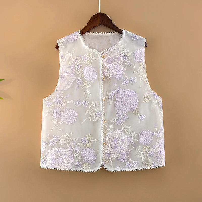 【紫萦】夏季2025新款国风马甲女装新中式钉珠绣花气质薄款马夹外套