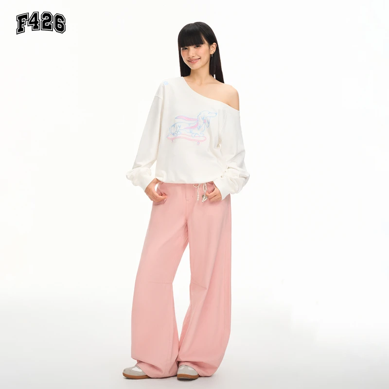 F426国潮牌秋季新款美式复古百搭休闲斜肩腊肠狗卫衣7404