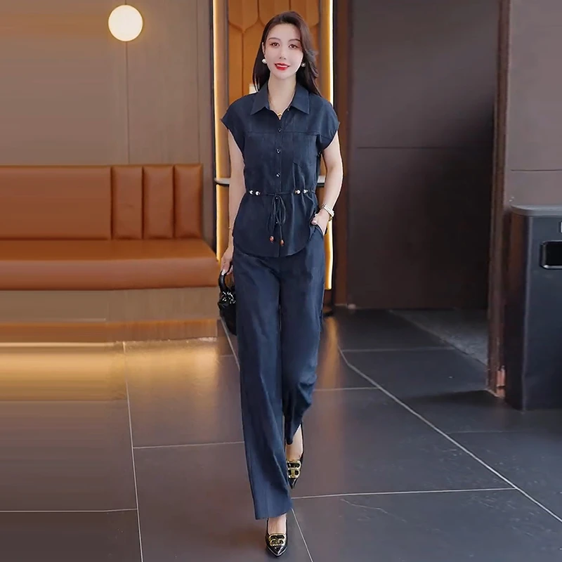 2025夏季新款时尚洋气套装女收腰短袖衬衫休闲阔腿裤气质两件套