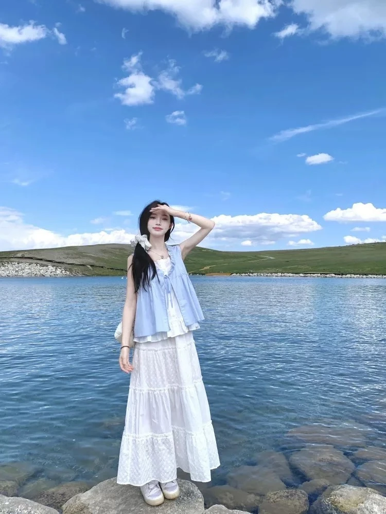 套装女2025夏季新款甜美温柔风设计感荷叶边假两件上衣高腰半身裙