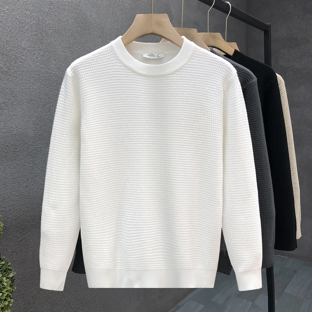 郎的流行白色玉米格圆领毛衣男潮牌内搭针织衫2025秋季新款打底衫
