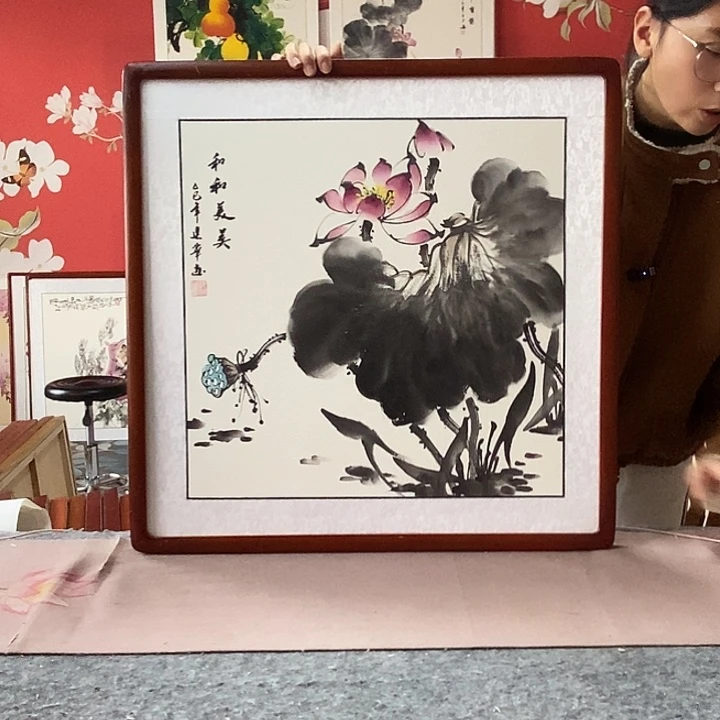 国画手写手绘带框包邮国画作品62✖️62