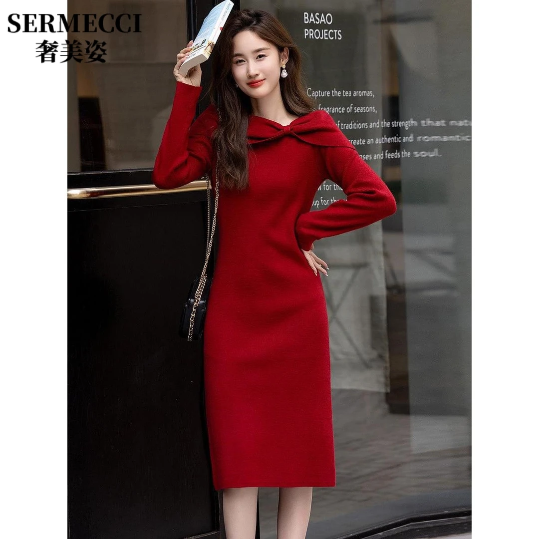 针织红色法式连衣裙裙遮肚收腰长款新款冬季蝴蝶百搭中一字领显瘦