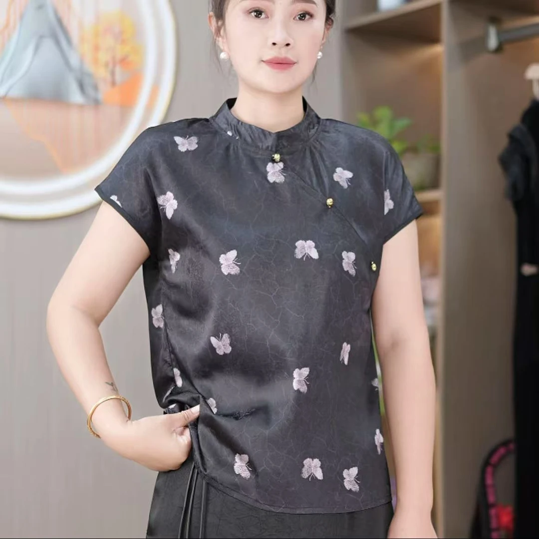 夏季新款新中式国风斜领蝴蝶提花气质复古百搭时尚显瘦遮肉短袖