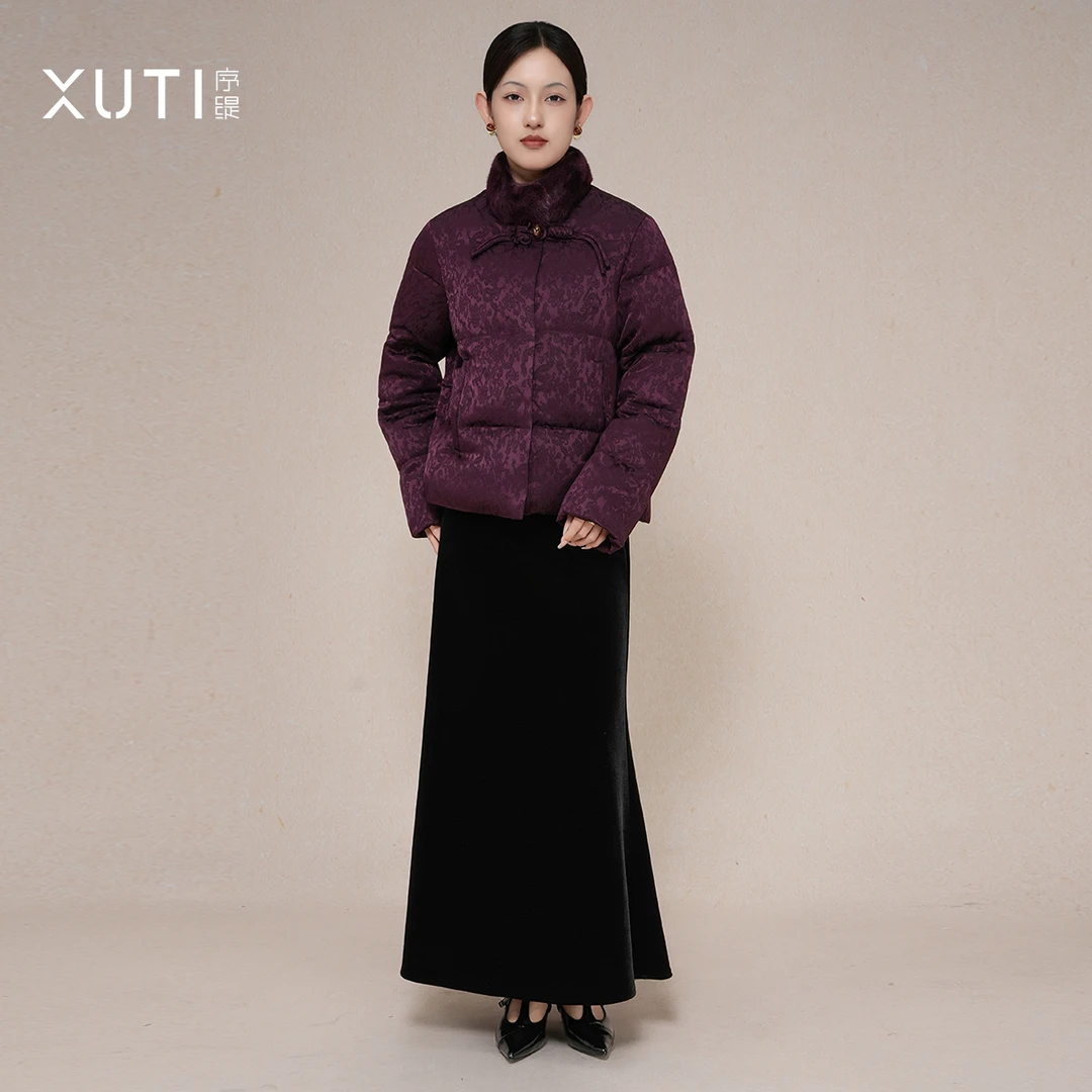 序缇鹅绒填充新中式水貂毛鹅绒服外套女冬季羽绒服S22-23732