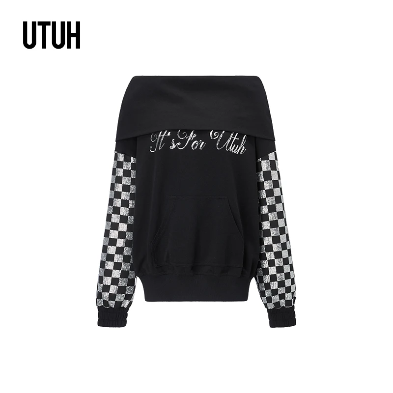 UTUH黑色一字领连帽两穿个性慵懒感气质显瘦拼接卫衣女TDWWS1N003