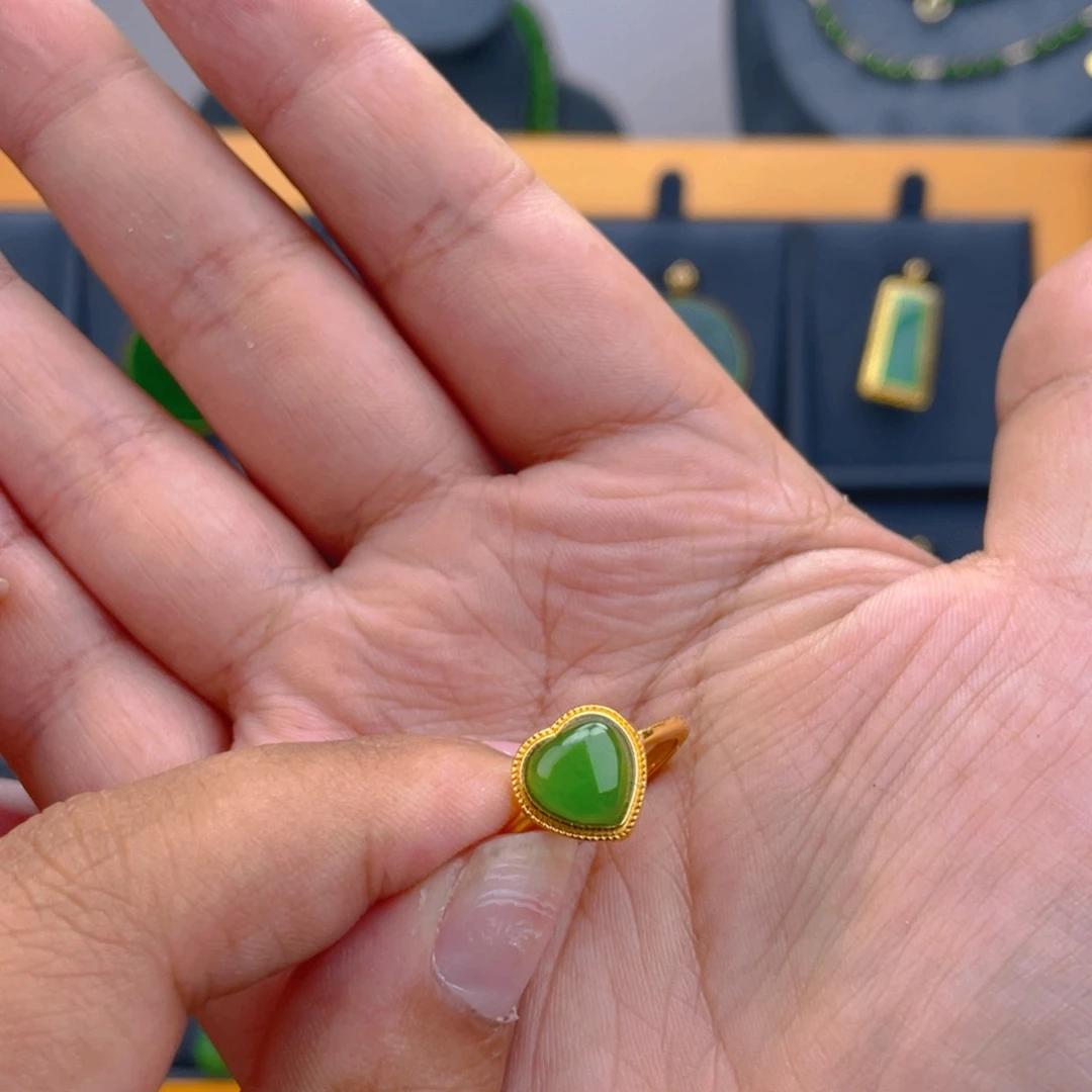 和田玉（碧玉）戒指银S925镶嵌爱心戒指