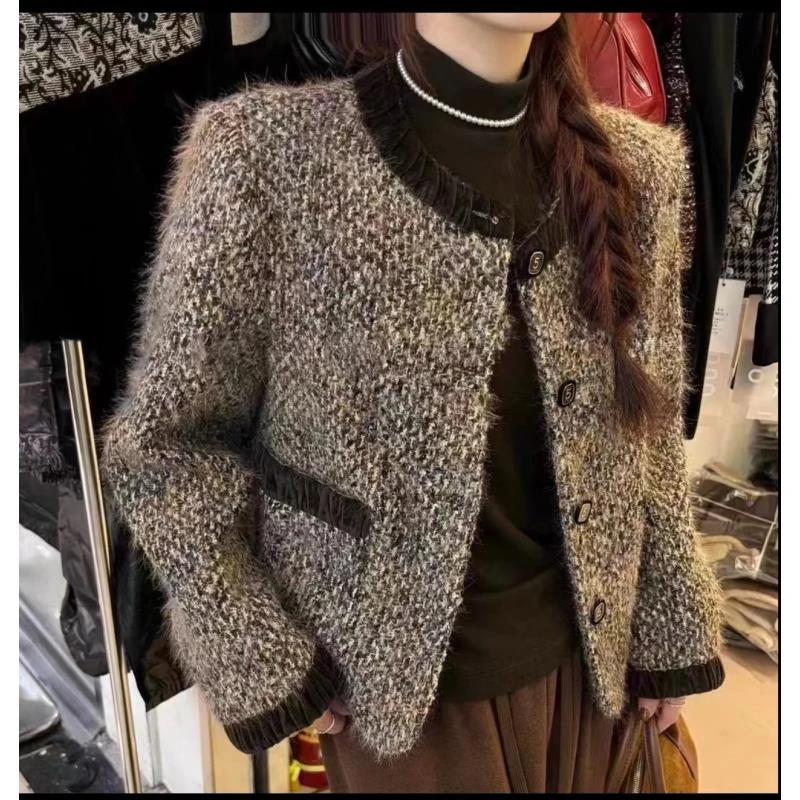 小香风保暖外套女冬季气质百搭拼接重工时尚毛呢上衣