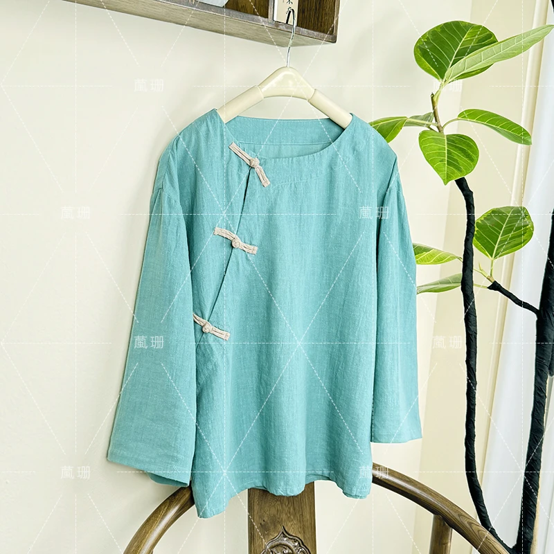 【苏叶】夏季清凉苎麻国风斜襟盘扣禅意圆领小衫上衣52226