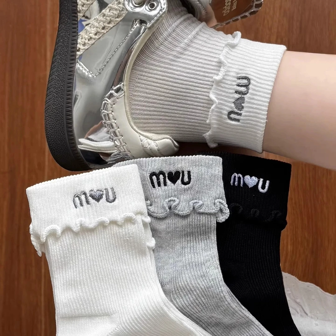 可爱花边袜子女夏季薄款短袜ins潮刺绣字母低腰网眼袜