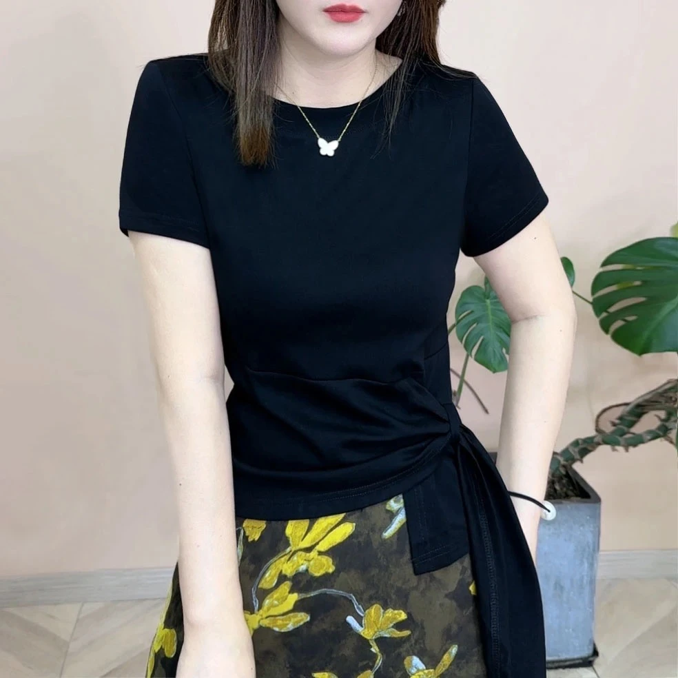 2025夏季新品时尚百搭修身显瘦圆领纯色不规则设计感女士短袖上衣