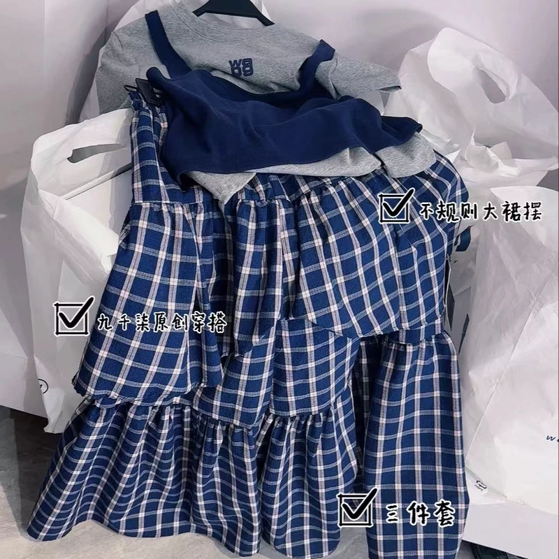 （小蓝格）韩系2025春季蓝色格子蛋糕裙灰色打底蓝色吊带三件412