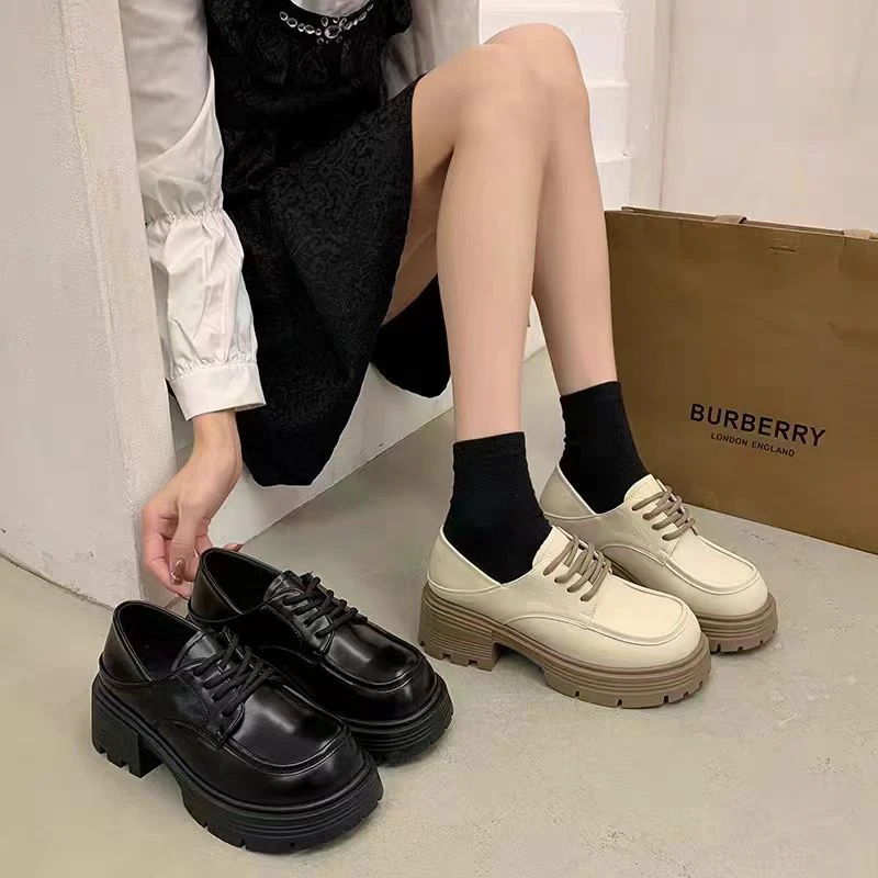 春季圆头乐福鞋时尚厚底乐福鞋系带休闲真皮英伦风时尚百搭98-899