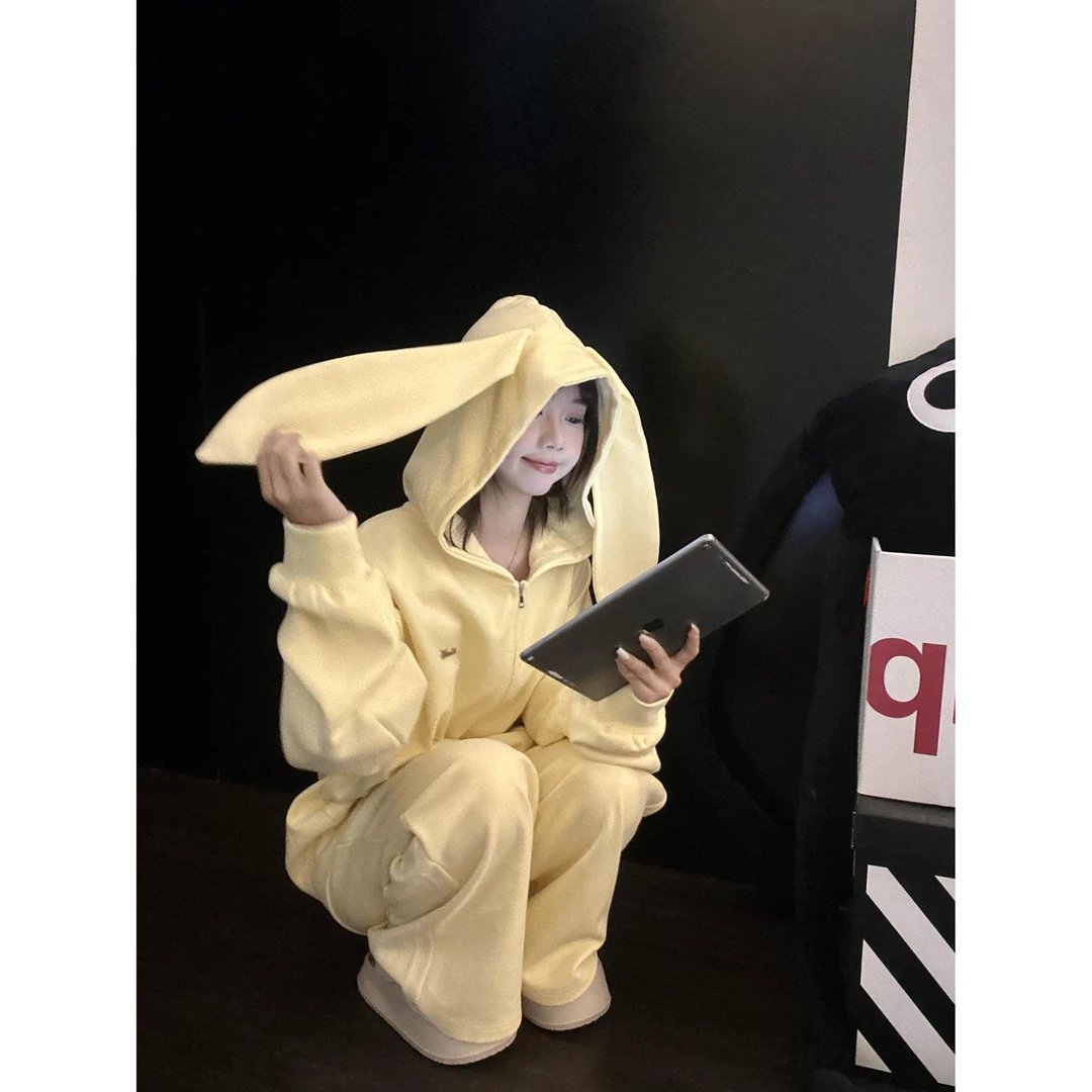 兔耳朵连帽拉链卫衣可外穿外套睡衣女秋季爆款长袖长裤家居服套装