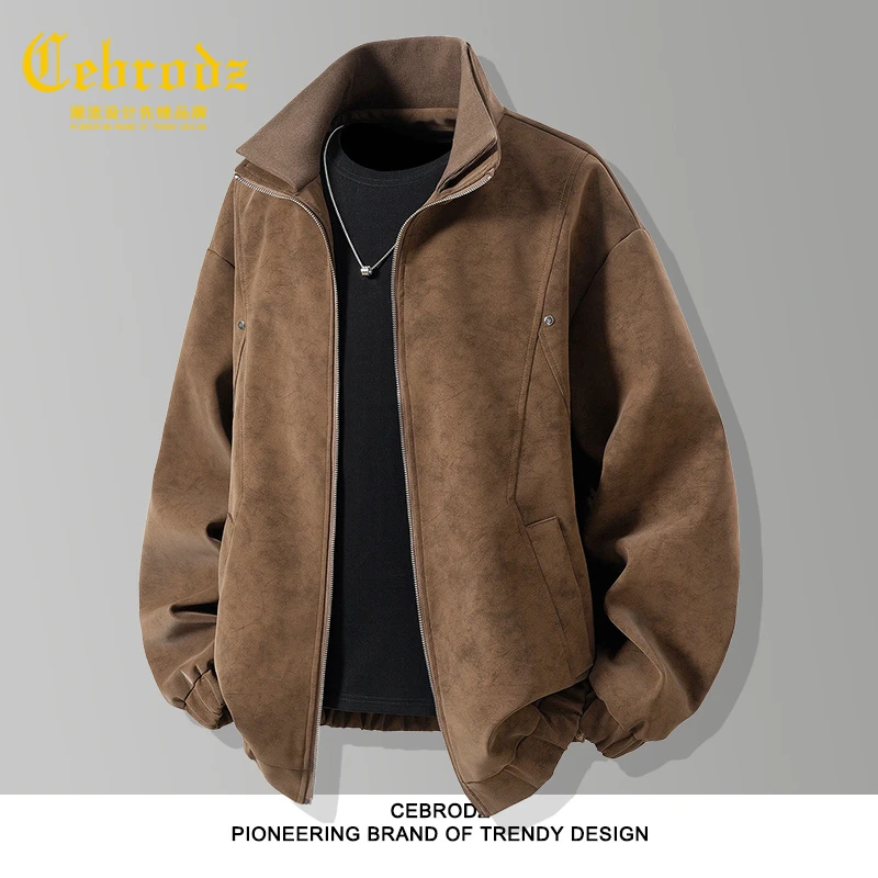 法国Cebrodz美式潮牌复古拼接立领皮夹克男秋季宽松皮衣外套百搭