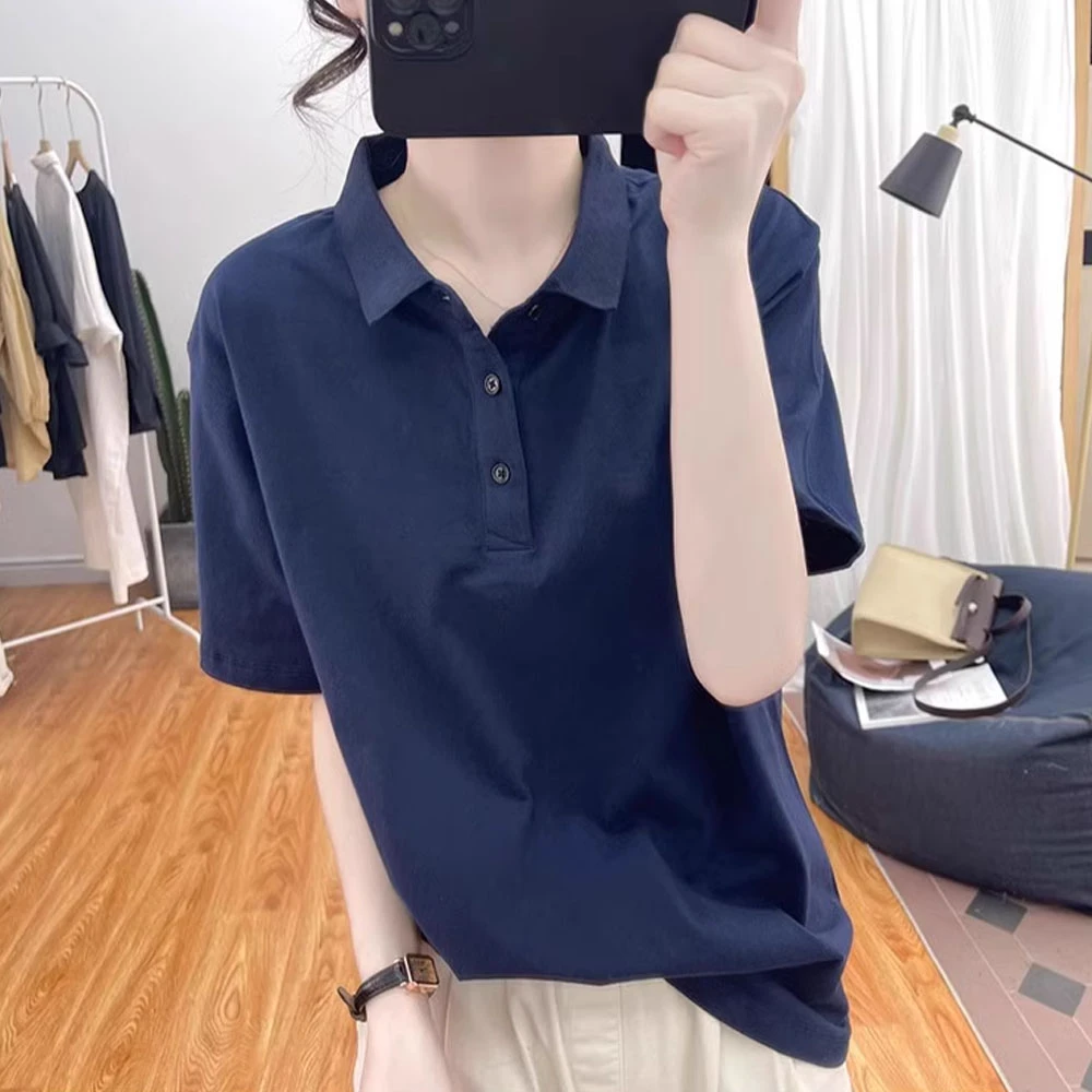 韩系纯棉翻领短袖T恤女夏季新款宽松复古上衣薄款百搭polo衫体恤