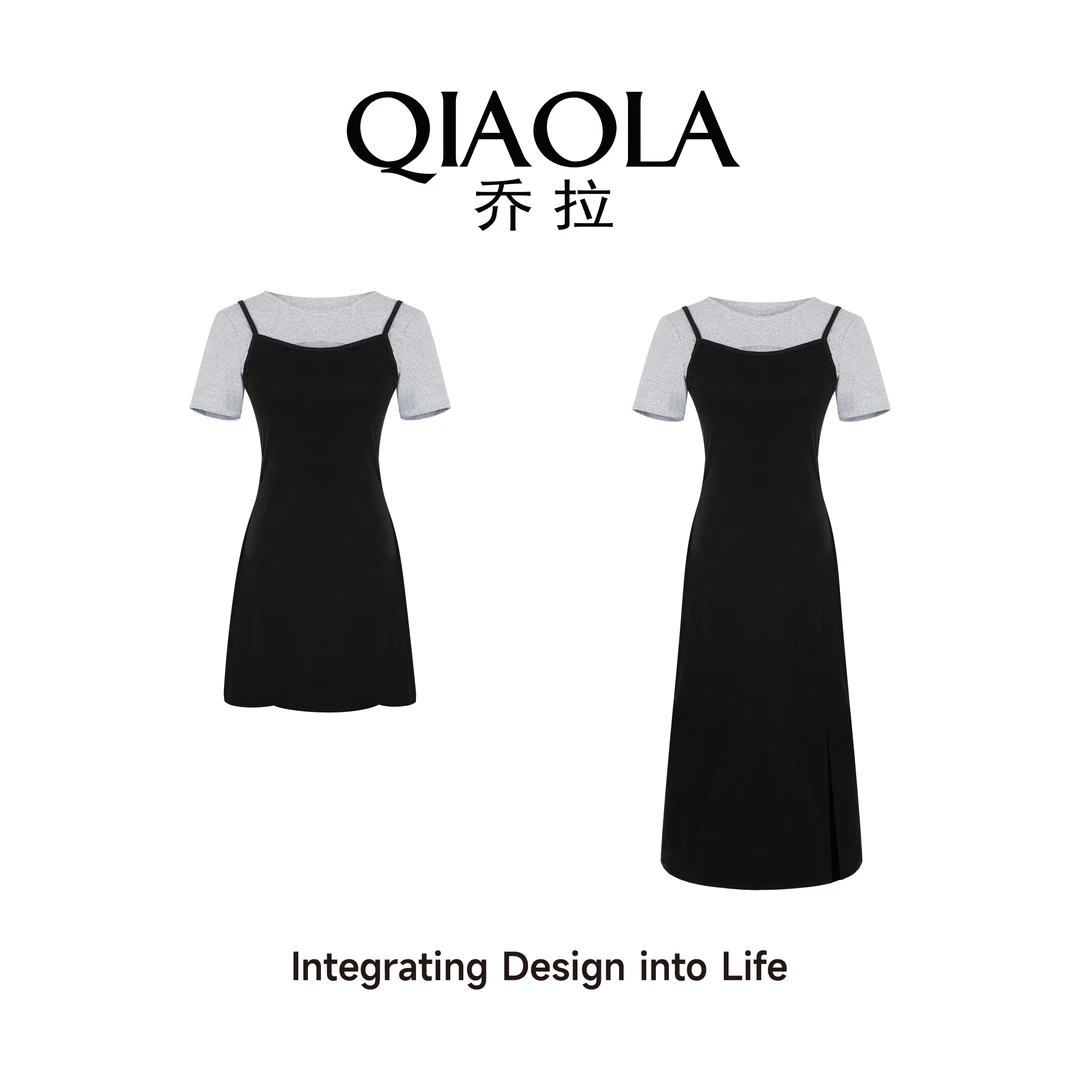 QIAOLA/乔拉【我心悦动】少女夏季弹力针织假两件撞色A版休闲连衣裙