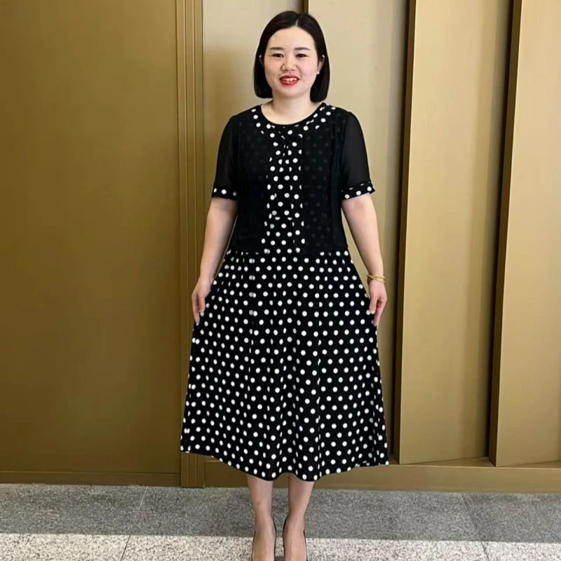 夏季新款圆领盘扣新中式连衣裙遮肚子显瘦减龄假两件短袖裙子