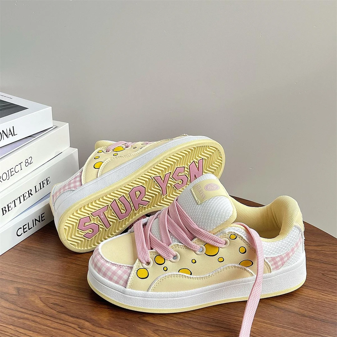小众设计黄粉泡泡拼色面包鞋女潮春新款学生百搭休闲板鞋